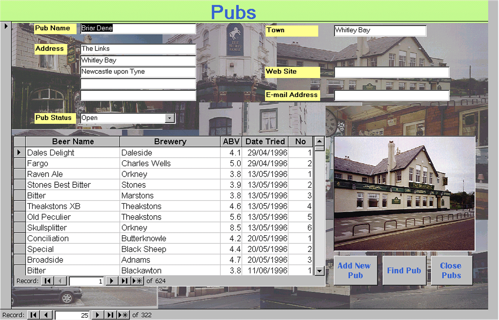 Pubs - Use this form to record beers tried in pubs